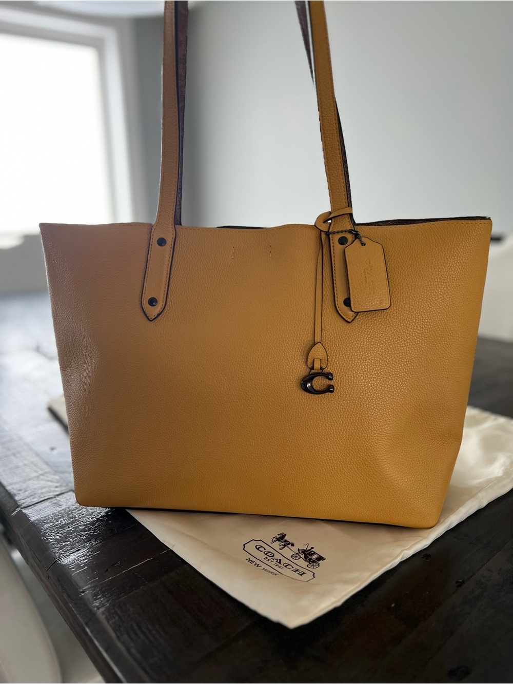 Coach Mustard Yellow Pebble Leather Tote with Charm Tag